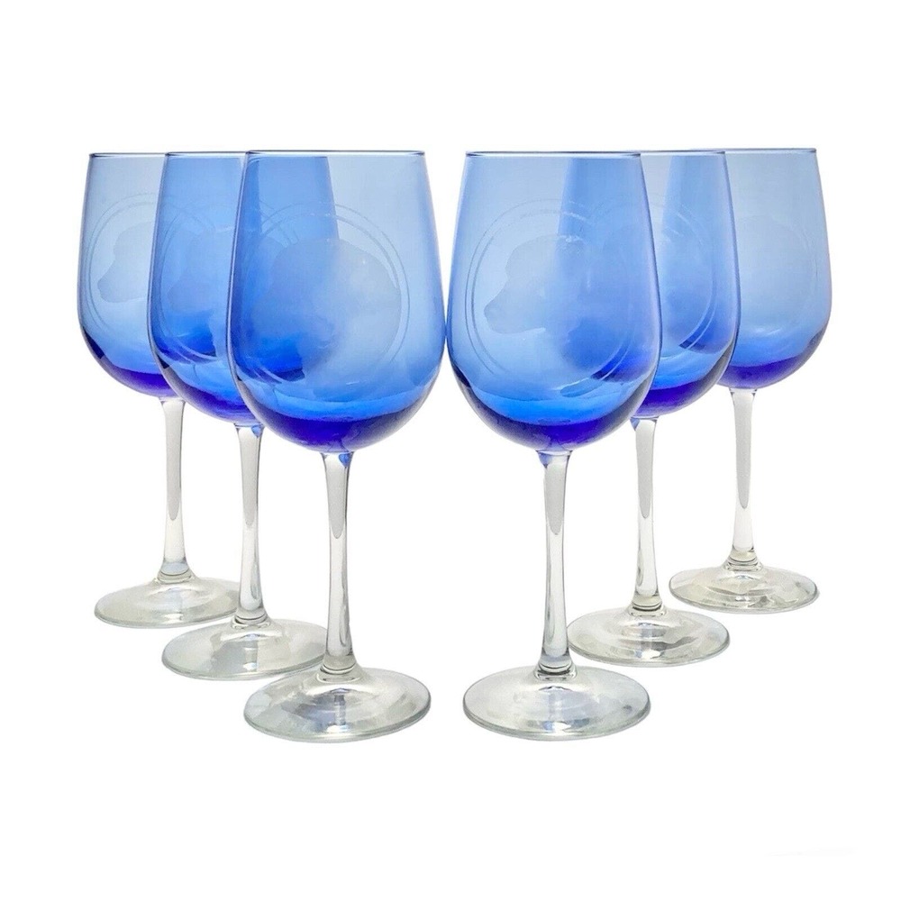 Set of 6 Cobalt Blue “Golden Retriever/Labrador Dog” Etched Glasses 9 1/4” 18oz